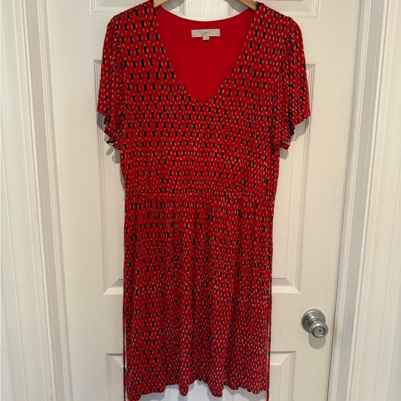 LOFT Vibrant Red Dress with Navy & White Pattern — XL - Picture 1 of 9
